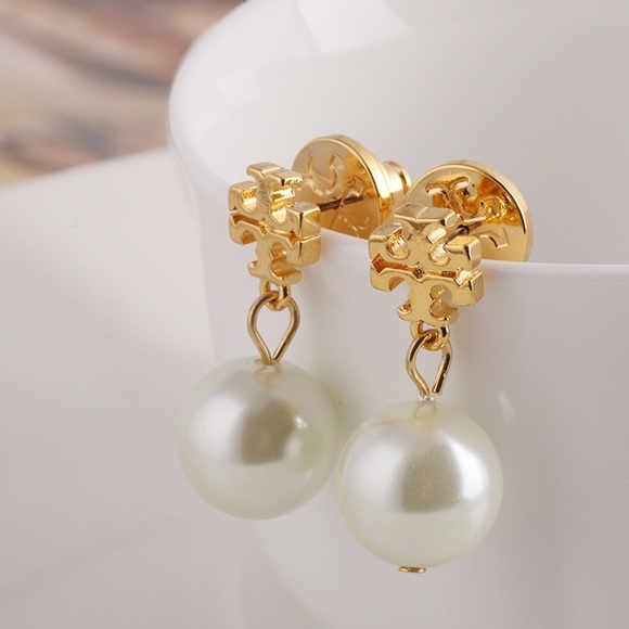 Tory Burch Jewelry - Tory Burch Gold Logo Pearl Drop Earrings